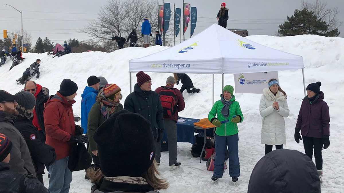 Ottawa Riverwatchers assemble on the Rideau Canal for a plastic clean-up. Feb. 7, 2019.