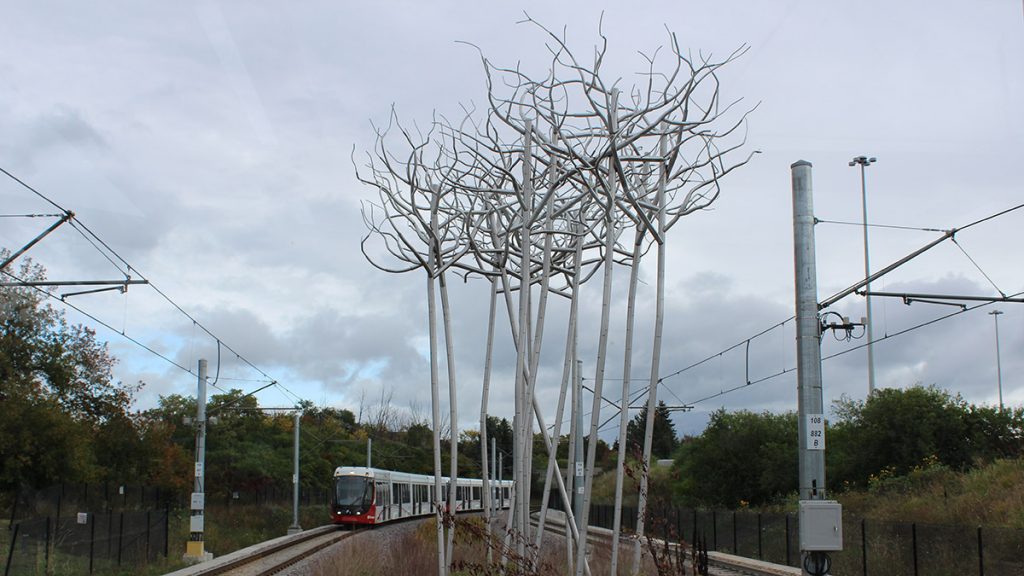 Maynard's 13 stainless steel birch trees tangle together and sit on the north side of Cyrville station. 