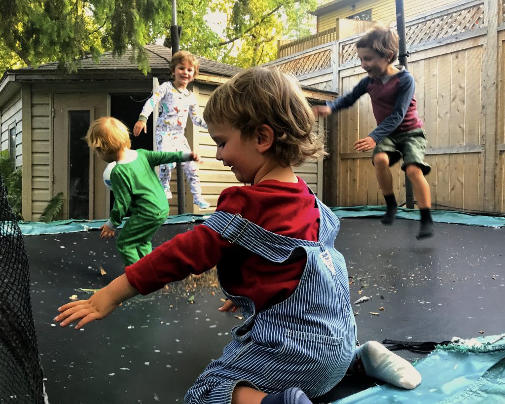 Children playing in a trampoline. 