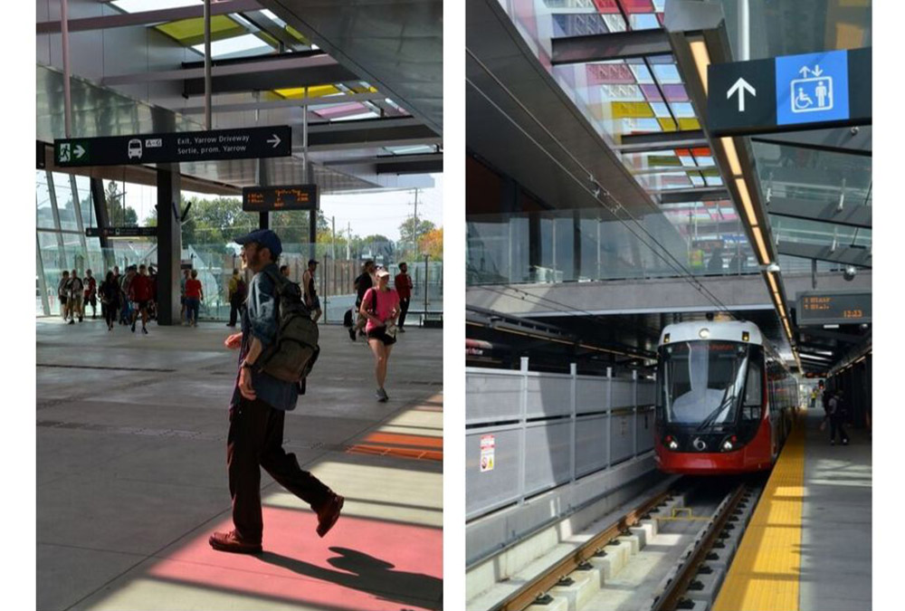 Tunney's Pasture station has art by Derek Root, which features multicoloured glass on the ceiling and colourful tiles on its wall.