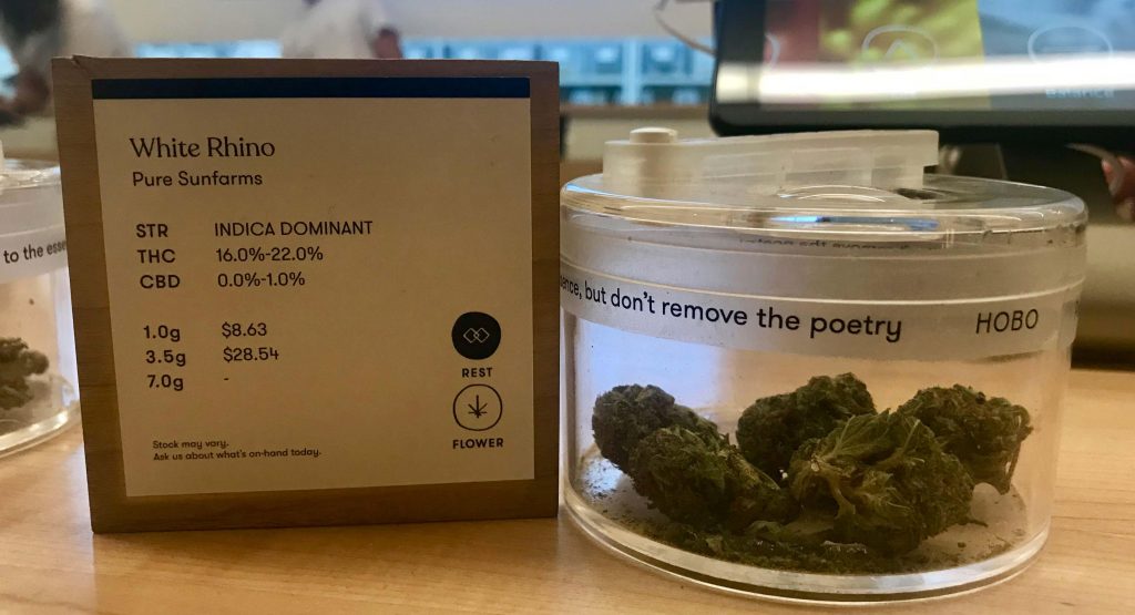 White Rhino cannabis on display, next to a sign of its statistics.
Strain: Indica dominant
THC: 16 to 22 per cent
CBD: zero to one per cent
One gram costs $8.63
3.5 grams cost $28.54