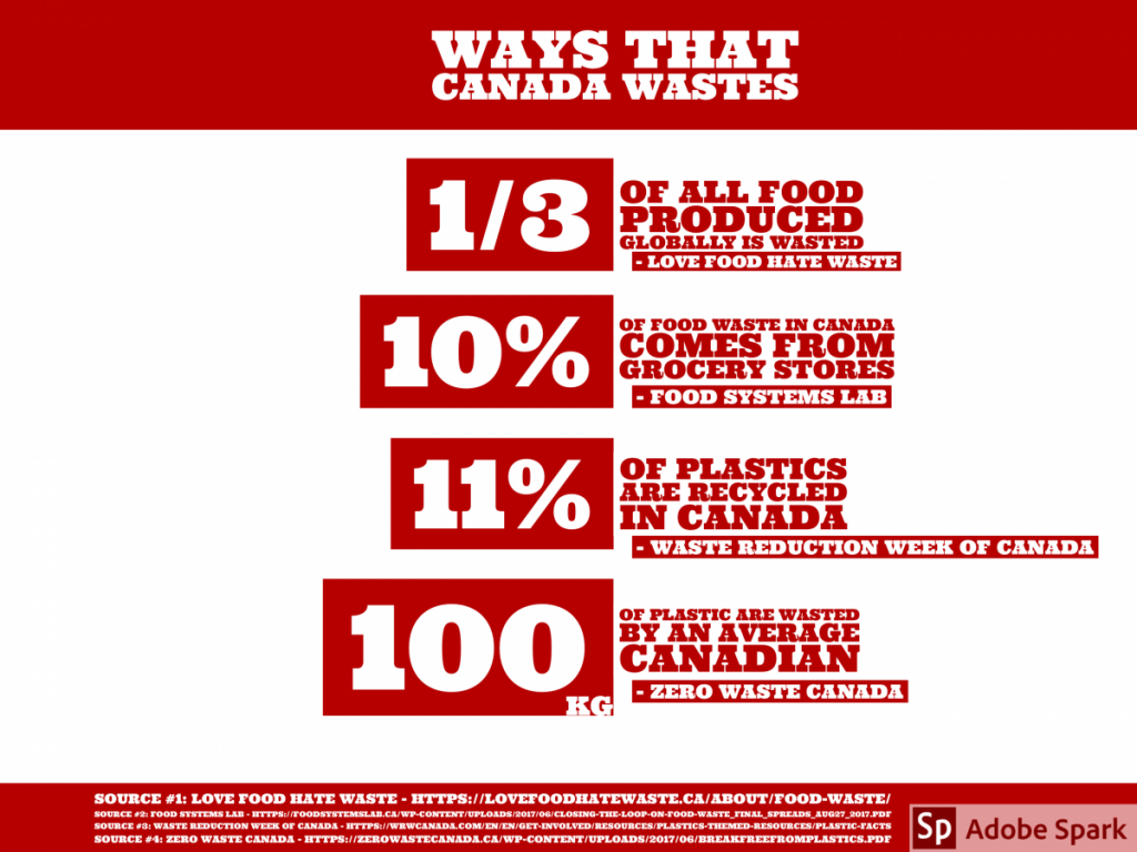 Statistics on ways that Canada wastes.
1/3 of all food produced globally is wasted. (Love Food Hate Waste)
10% of food waste in Canada come from grocery stores. (Food Systems Lab)
11% of all plastics are recycled in Canada (Waste Reduction Week of Canada)
100 kg of plastic are are waster by an average Canadian (Zero Waste Canada) 
