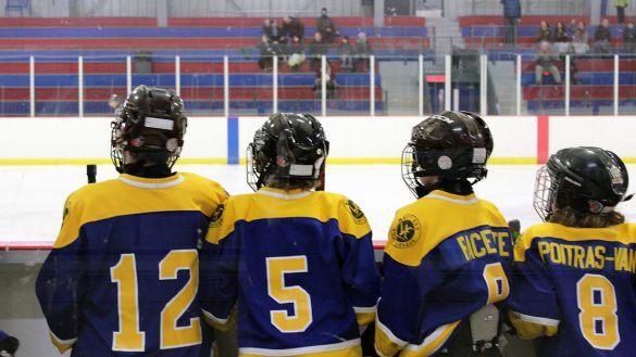 Peewee hockey kids waiting on the sidelines during a game