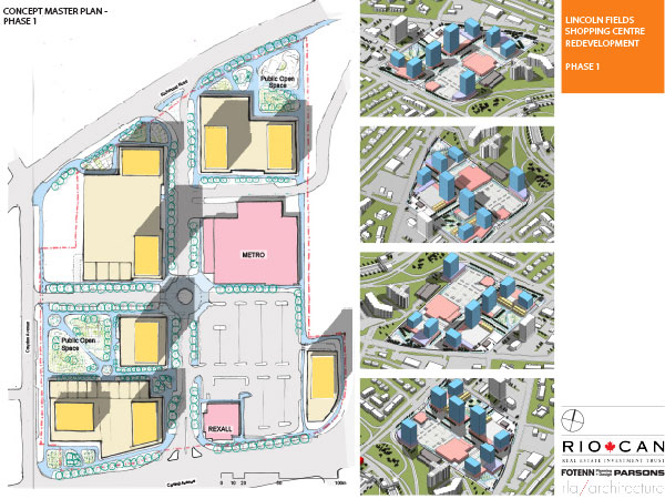 The buildings in pink on the concept drawings represent Phase I – Metro and Rexall.