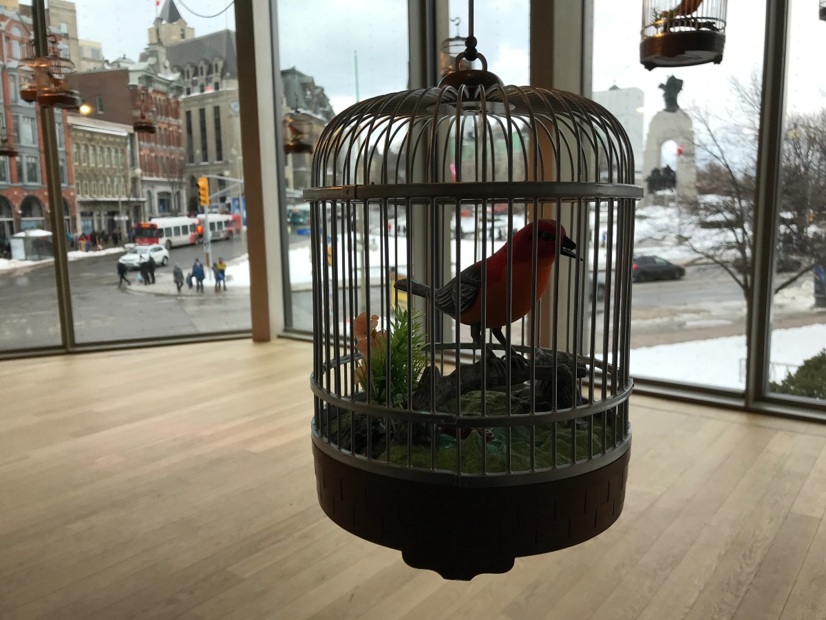 The room was filled with mechanical songbirds in cages. Clap near them and they would start to sing.