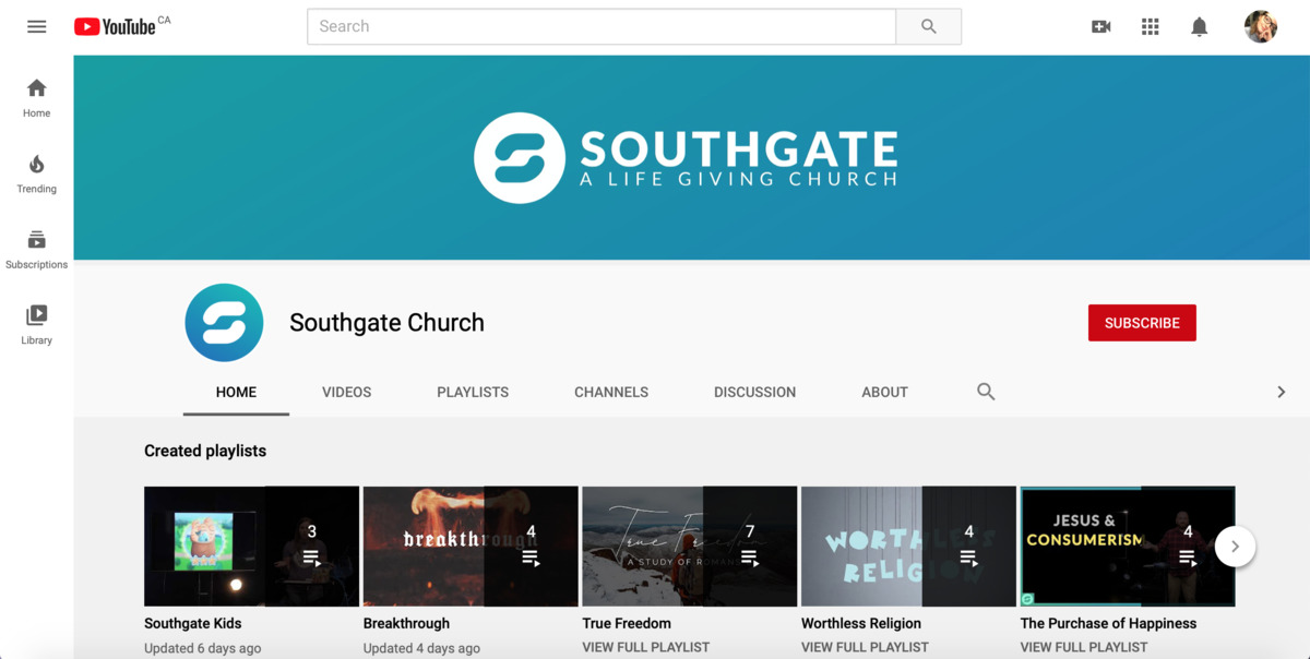 A screenshot of the Southgate Church YouTube channel displaying playlists "Southgate Kids", "Breakthrough", "True Freedom", "Worthless Religion", and "The Purchase of Happiness."
