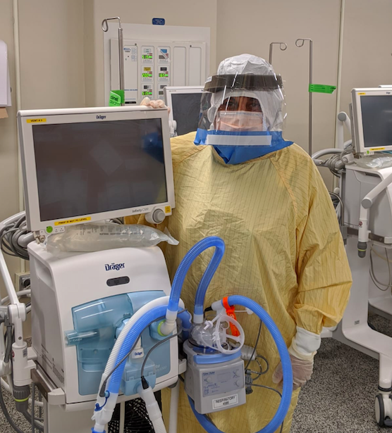 Respiratory therapist Preeya Hanmiah wears full protective gear during high-risk procedures.