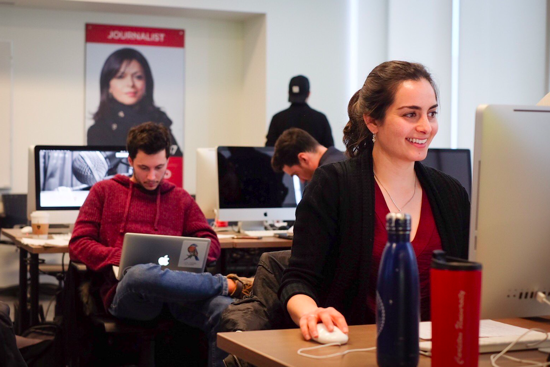 Menaka Raman-Wilms and her classmates work in the television lab in Carleton's journalism department.