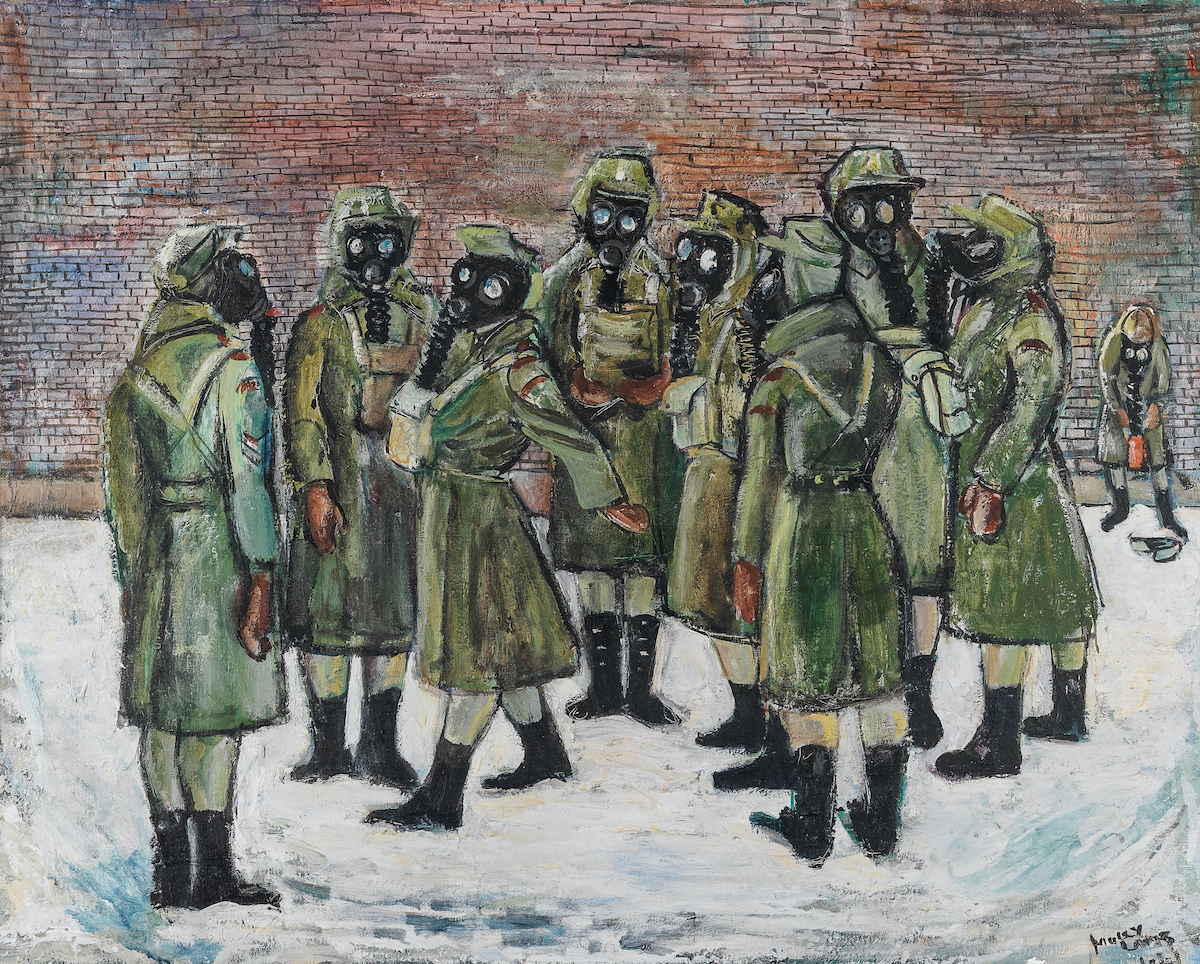 Various women drawn in green uniforms wearing gas masks