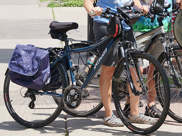 Two bikes with air pollution monitors attached to the handlebikes.