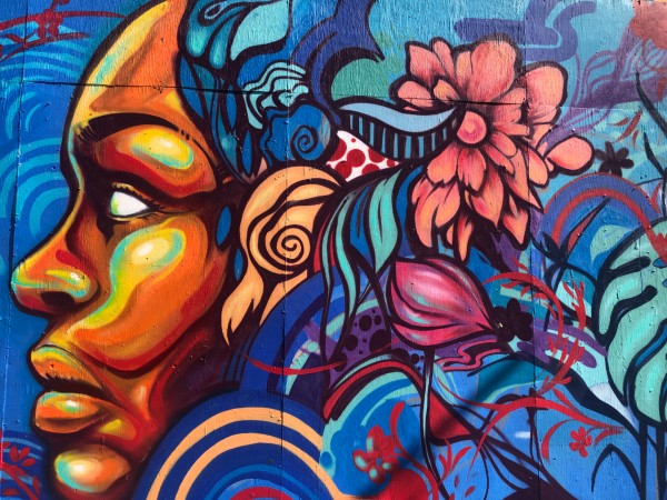 The side profile of a women faces left with a blank white eye and hair made of flowers and abstract shapes. Her face is golden tones while the rest of the mural is blue.