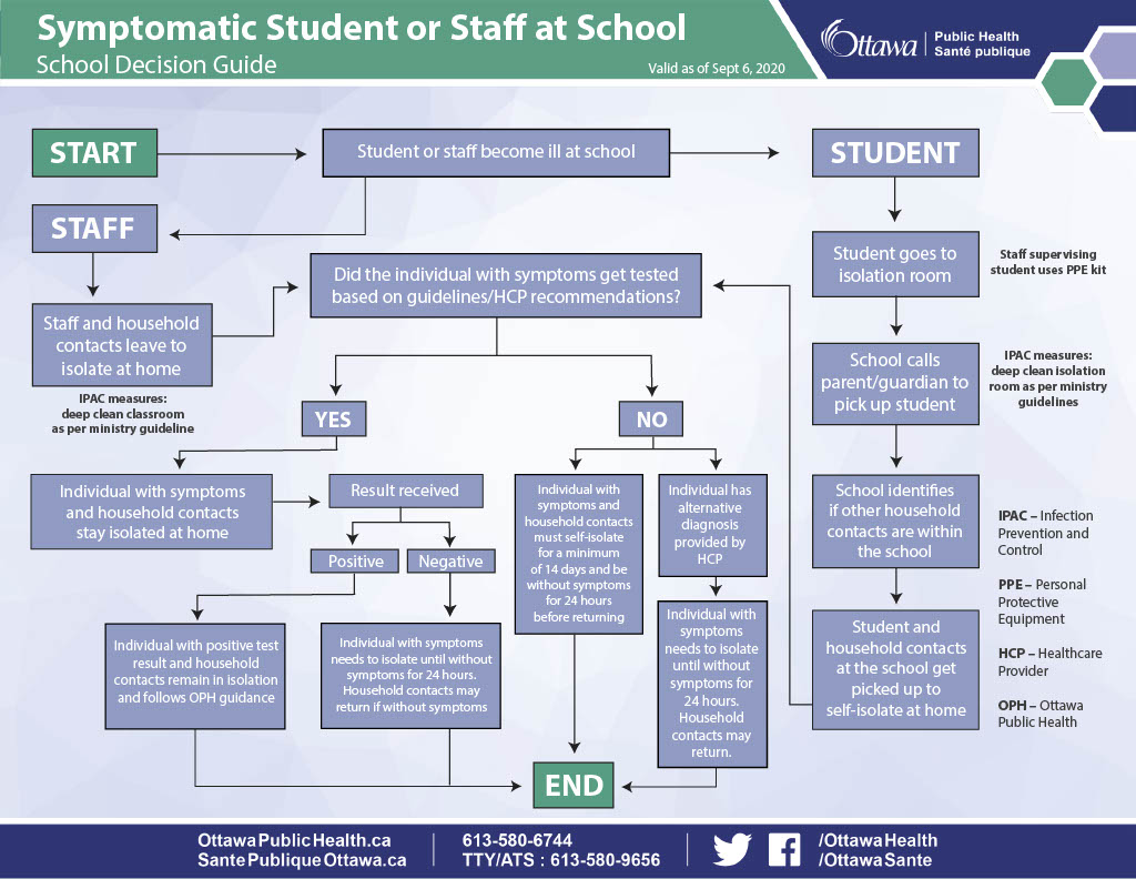 A flow chart demonstrates what to do in the event that a student or staff member becomes sick at school.