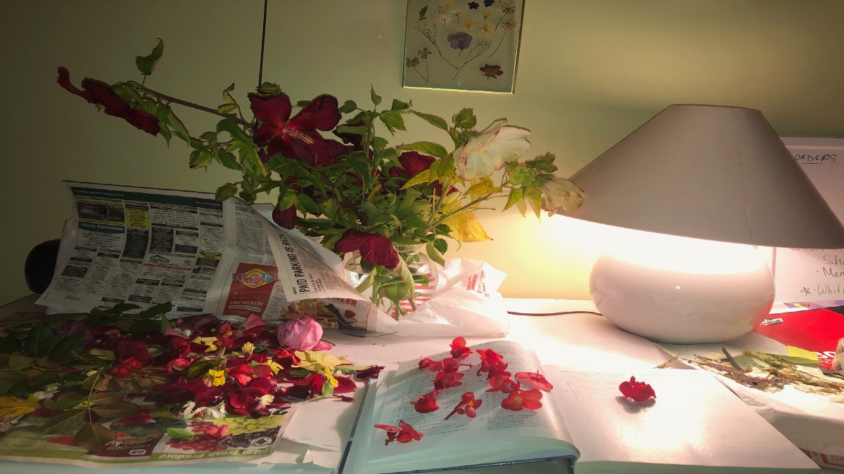 a photo of flowers in a workspace