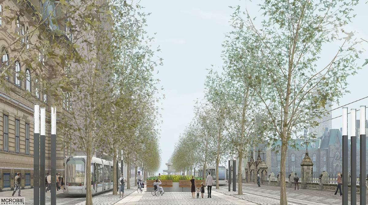 An illustration by McRobie Architects of the ideal finished rail loop on Wellington Street. The road in front of the Parliament Buildings is clear of cars, instead filled with trees, pedestrians. and two new trains which will run to Gatineau and back.