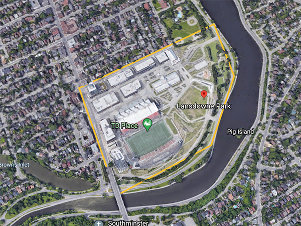 An aerial view of where Lansdowne is in respect to the city. TD Place, Lansdowne Park and Pig Island are spots that are distinguishable.