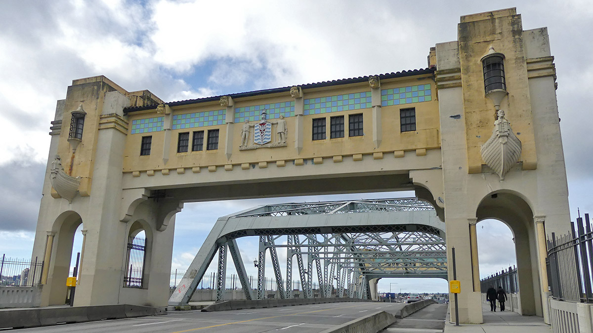 Eastern archway of the Burrard Street Bridge on a cloudy day