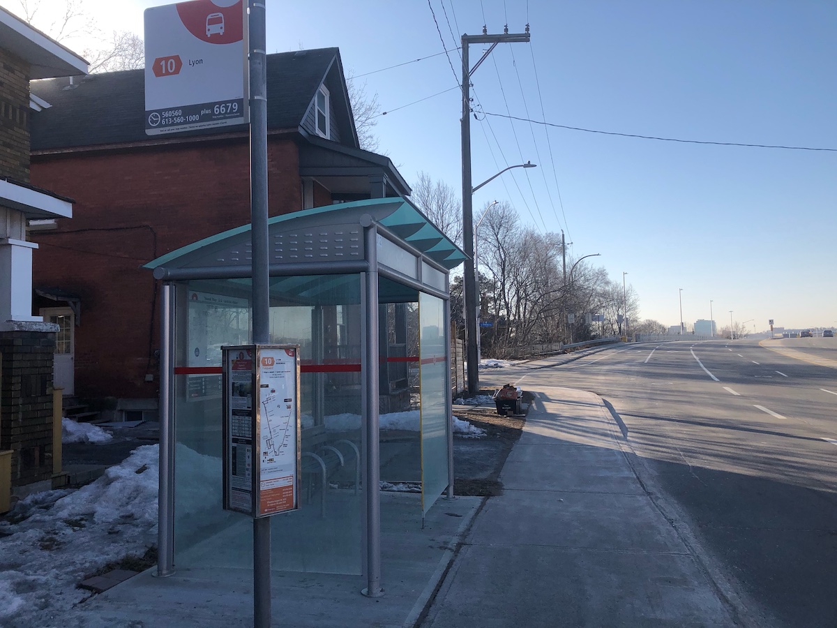 An empty bus stop on Bronson Avenue in Ottawa