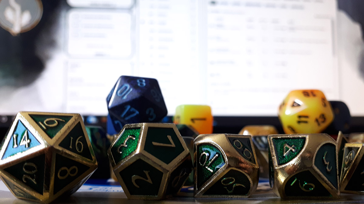 A dungeon master’s collection of dice used in popular role-playing games. [Photo © Leif Growen.]