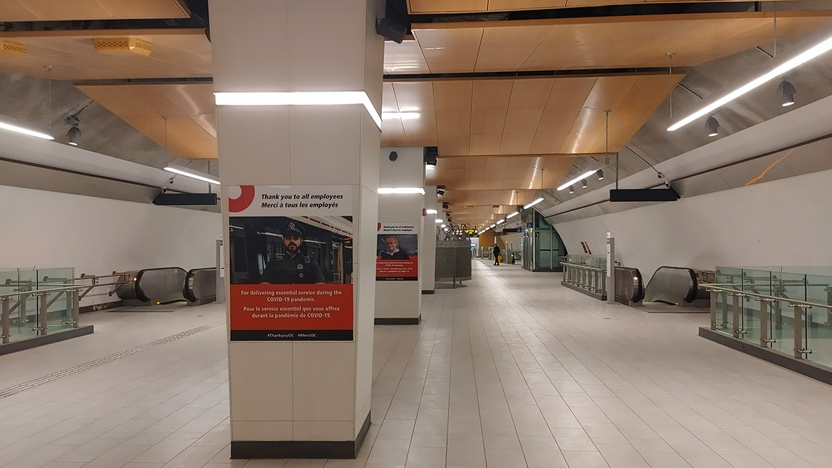 OC Transpo posters on pillars in Lyon Station.