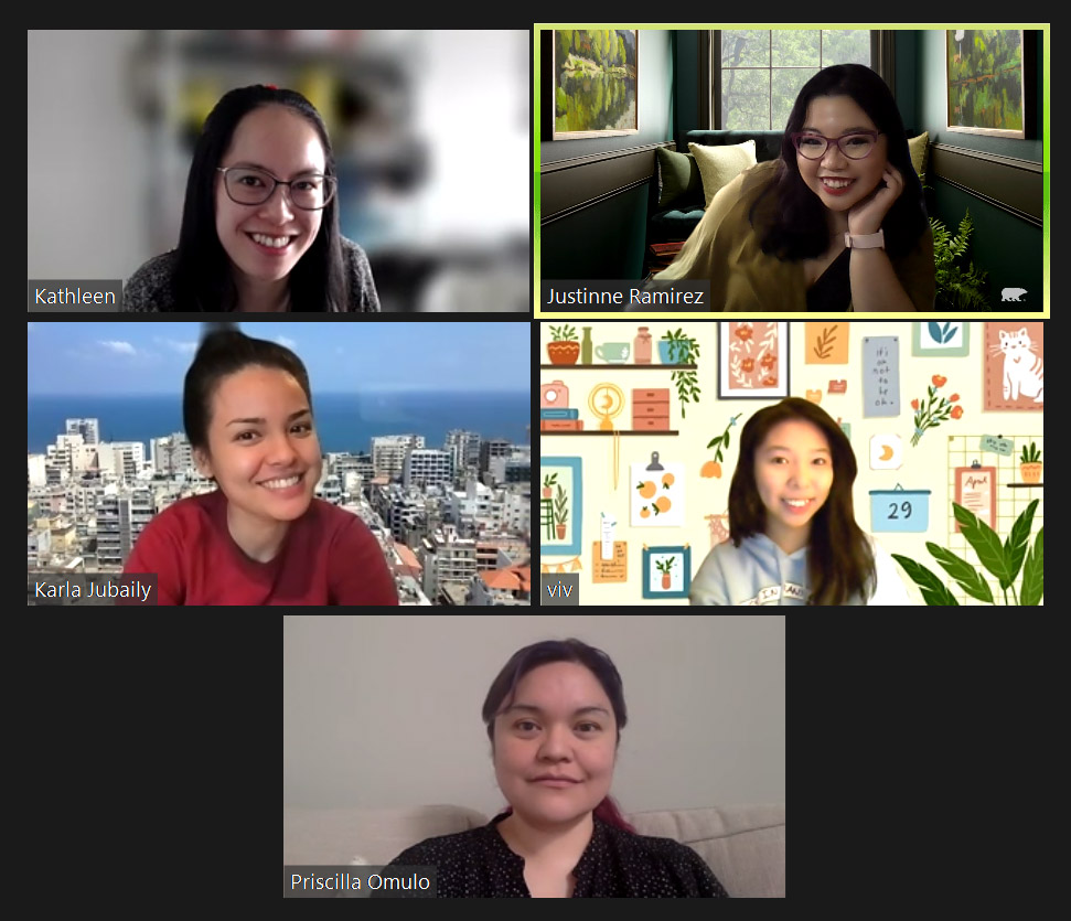 Screenshot from a Season's Greetings Zoom meeting with Kathleen Yang, Justinne Ramirez, Vivienne Ramirez, Priscilla Omulo and Karla Jubaily.