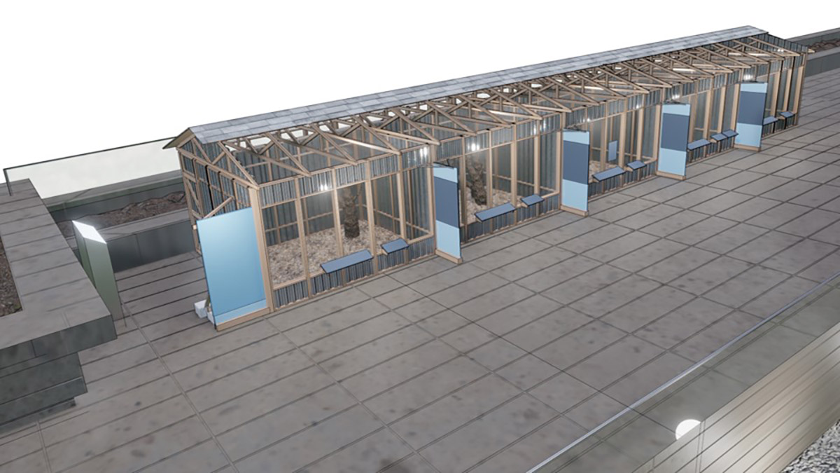 A design rendering of spacious wood and aluminum habitats on the museum's patio, where the owls will be housed.