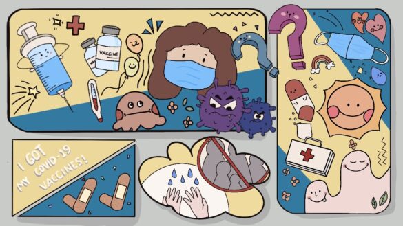 Graphic of a girl wearing a facemask, surrounded by cartoon needles, bandaids, and bacteria.