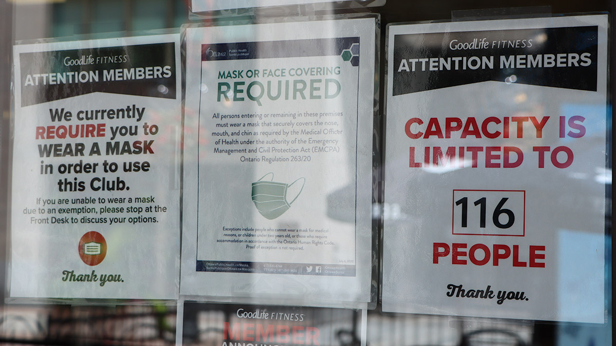 Signs in the window of a gym informing members of the capacity limit and mask requirements.