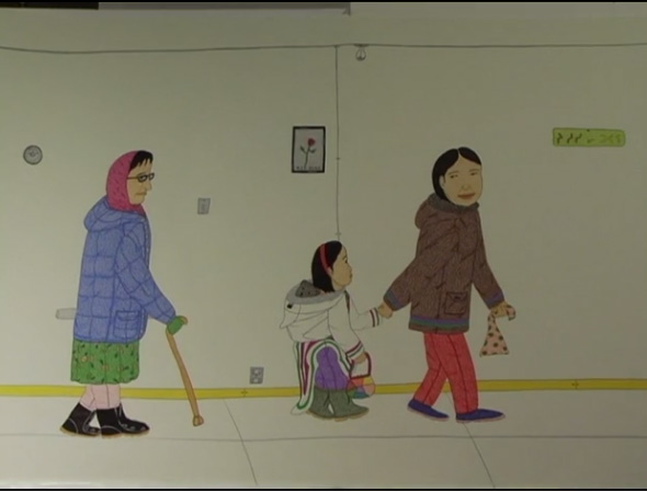 Three figures are displayed in a work by Annie Pootoogook; a young girl with two older women walk through a home while dressed in winter clothing
