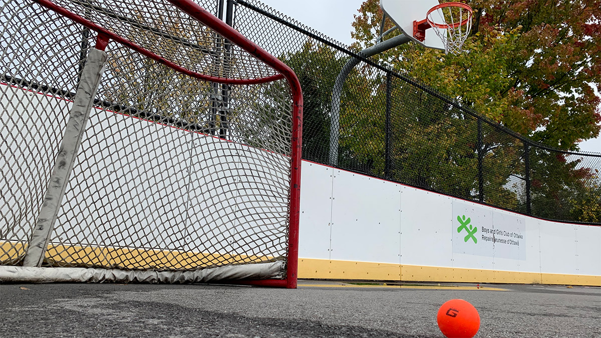 A small orange ball sits in front of a hockey net accompanied by a nearby basketball net