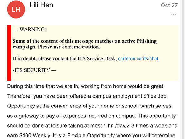 An example of phishing email received by students