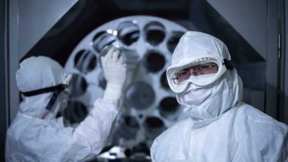 Two technicians in white protective suits handle a virus with care at the Biotherapeautics Lab at the Ottawa Hospital