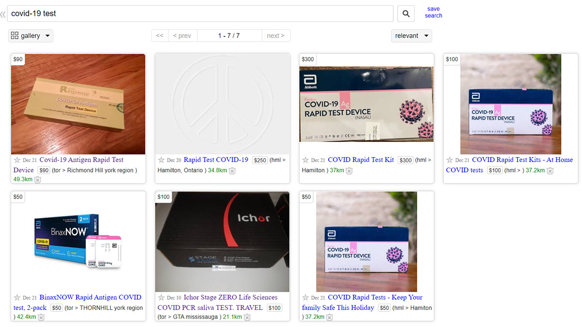 List of COVID-19 rapid antigen test kits on Craigslist. 