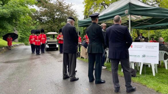 the GGFG Commanding Officer, Lieutenant-Colonel Vincent Quesnel, CD, AdeC, and the Honorary Colonel Bryan Brulotte stand and speak about the history of the regiment and their connection to Beechwood, and the work they have done with reconciliation.