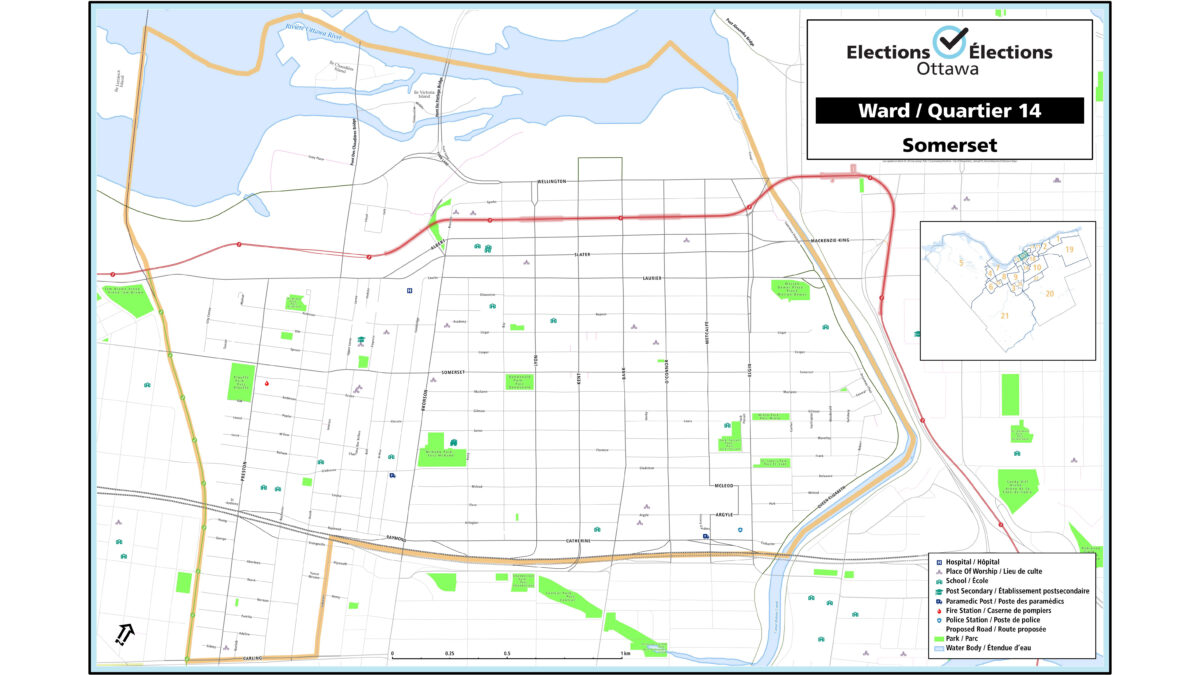Map of Ottawa Ward 14, showing Ward boundaries. Ward 14 is from Parliament Hill, across to O-Train Line 2, and from Rideau Canal to Highway 417.
