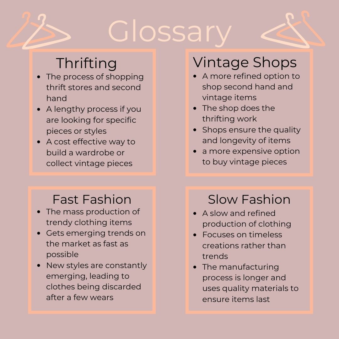 An info graphic crated as a glossary for terms used in the article. These terms include thrifting, vintage shops, fast fashion and slow fashion