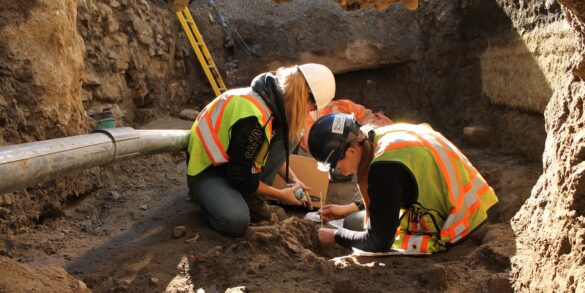 Careful archaeological excavation underway along Queen Street