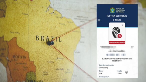 zoomed in world map of Brazil with a pin and red string leading across the Atlantic Ocean. Next to a picture of the Brazilian online voting card.