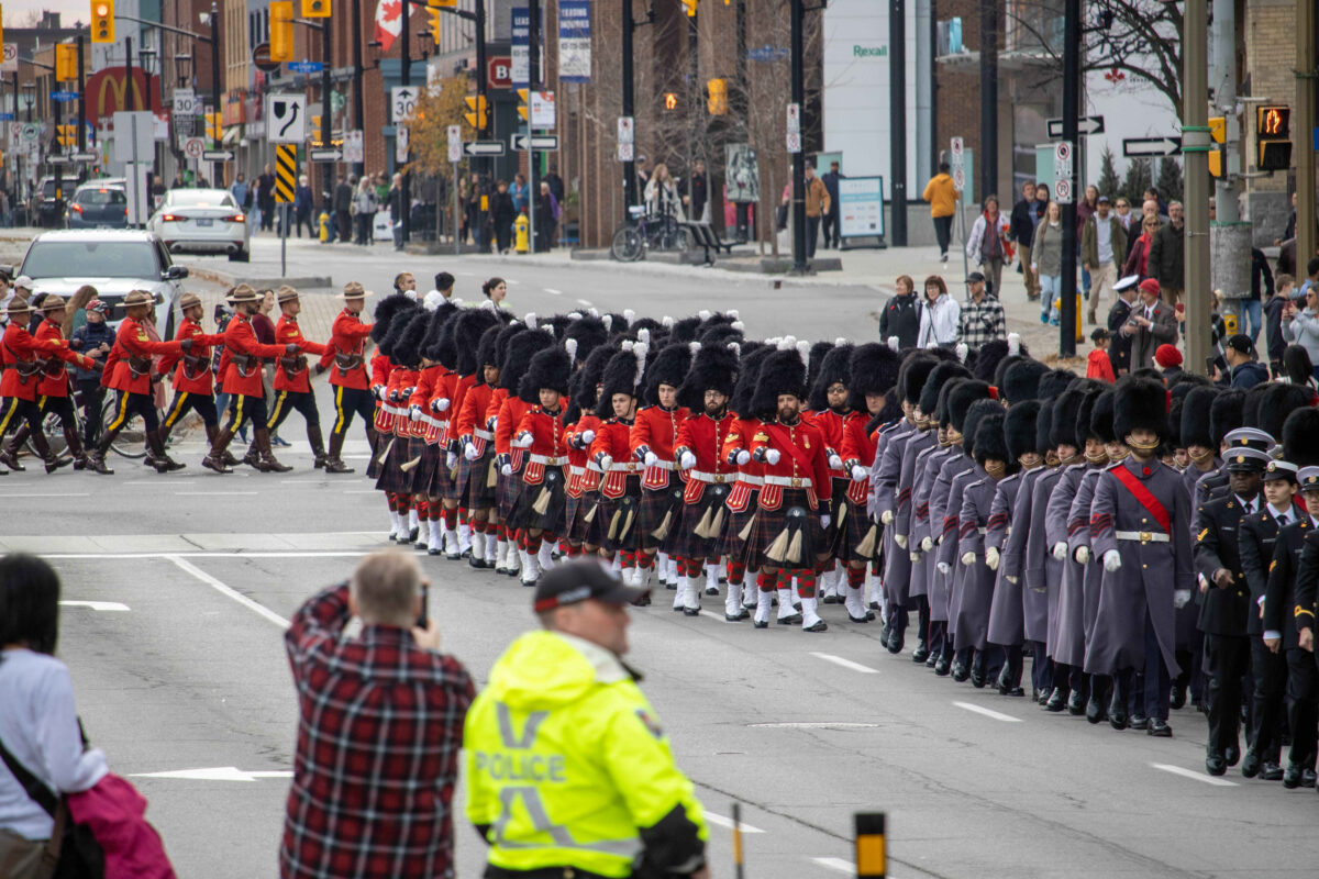 Cameron Highlanders of Ottawa marching down the Elgin Street. 