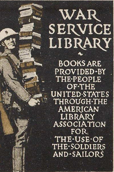A vintage book plat of a marine carrying a stack of books