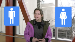 Sarah Malina on camera with gender sign graphics