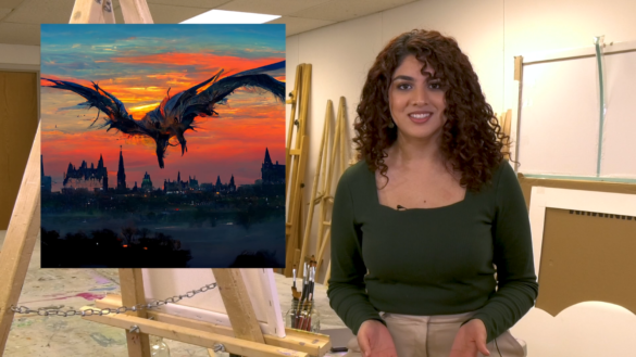 Reporter Rukhsar Ali is in an art studio next to a graphic of an art piece of a dragon flying over Ottawa.