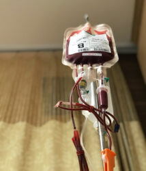 A blood pouch during a donation session hangs from a rack. 