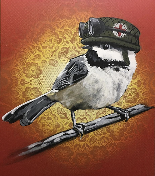 A painting of a chickadee wearing an army medic hat.