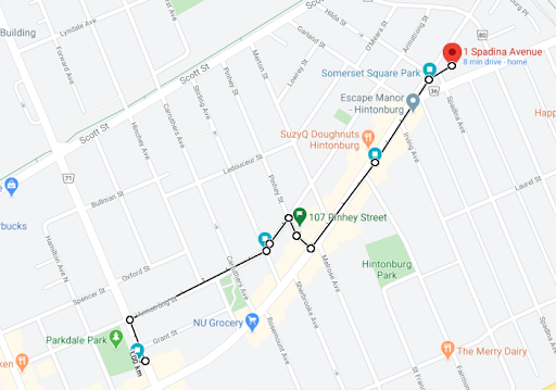 A Google map of Hintonburg, showing different areas where murals are located.
