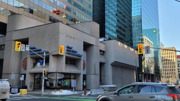 Ottawa Public Library main branch from across the intersection on Metcalfe Street on a sunny day in February.