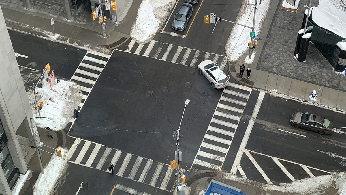 Four-way intersection, birds eye view.