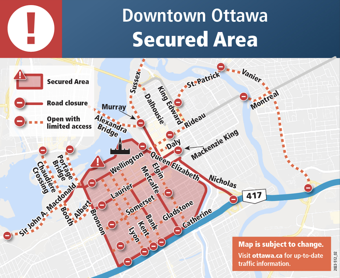 Map shows red zone from Bronson to Rideau Canal, and Queensway to Parliament Hill.