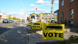 Signs that say, "vote" are lined up going down a street.