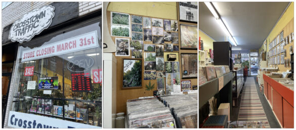 Three pictures showing the outside of the store Crosstown Traffic, a display of vinyl records and photos of marijuana, and a narrow aisle in the shop
