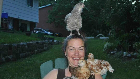Kelly Nephin pictured sitting on a chair with her chickens.